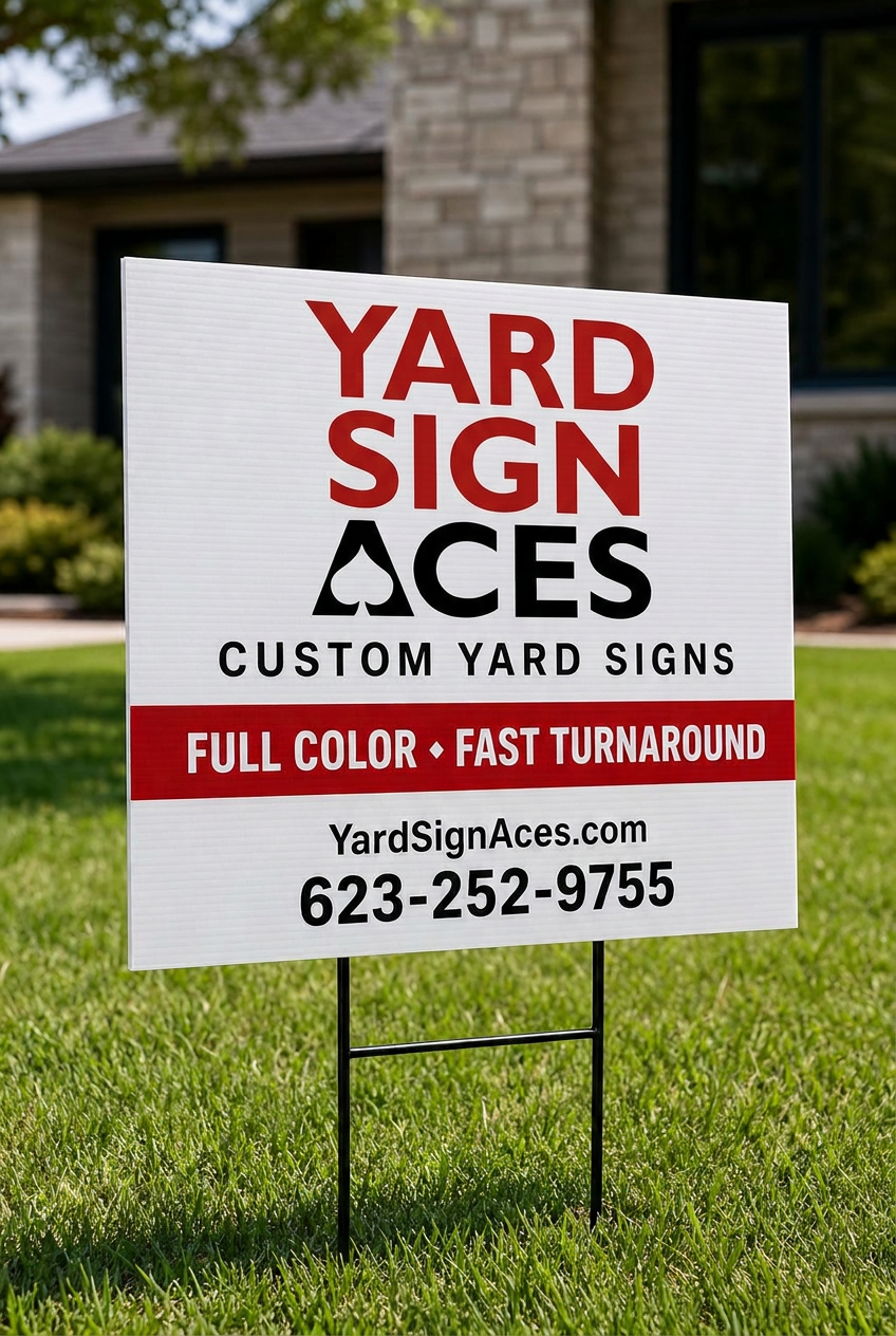 Professionally printed Yard Sign Aces yard sign installed on a metal stake in grass